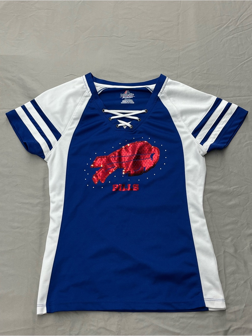 Ladies Blue & White Lace-Up Buffalo Sequin Tee
